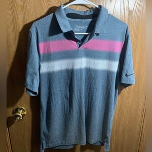 Nike Men's Gray Polo Shirt with Pink & White Stripes